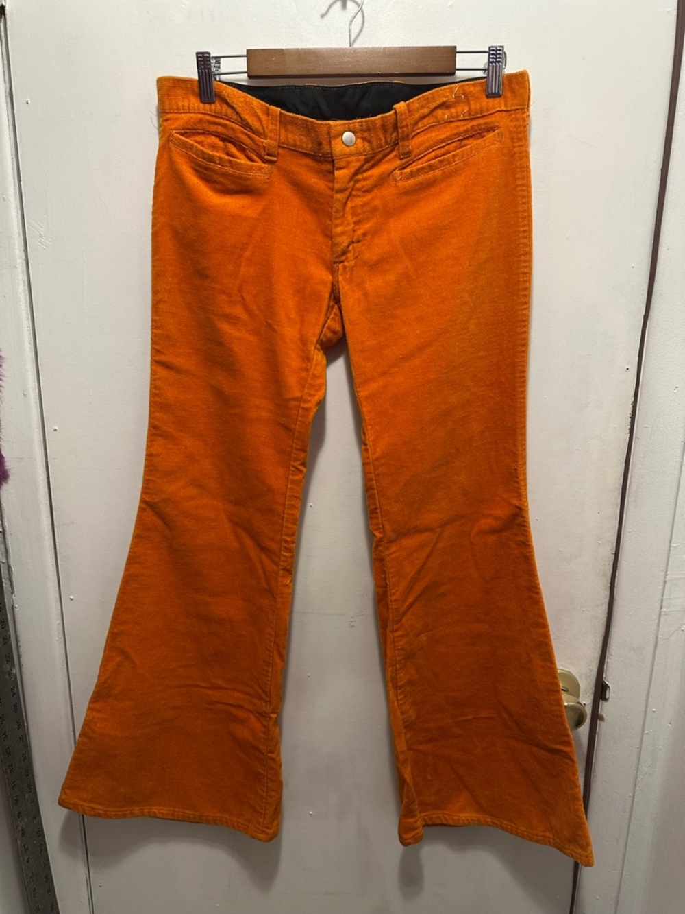 Vintage Orange Corduroy Bell Bottom Pants Low Rise Hip Hugger Made in USA 34x31